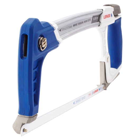 LENOX 12132HT50 hacksaw with blue and white handle, side angle, visible blade tension feature.
