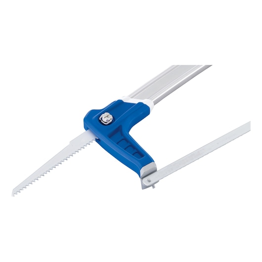 LENOX 12132HT50 hacksaw with blue handle and metal blade, side angle on white background.