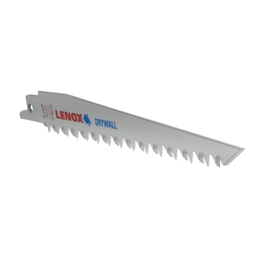 Photo of LENOX 148216J6R drywall saw blade, silver color, angled side view on white background.