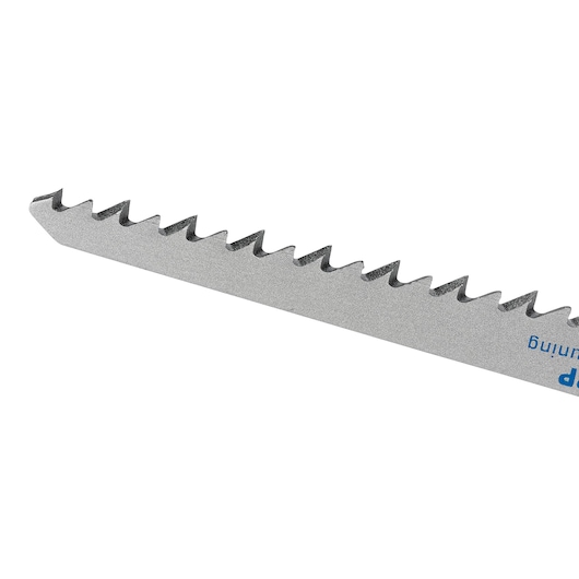 Close-up image of a silver-colored saw blade with sharp, angled teeth, designed for cutting.