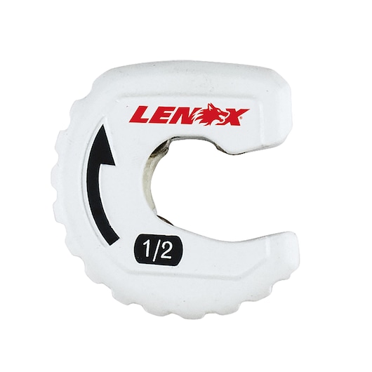 LENOX 14830TS12 white tube cutter with 1/2 inch size marking, top view on white background.