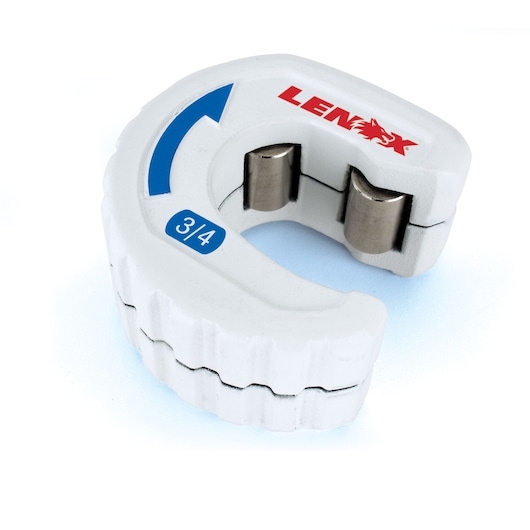 Photo of LENOX 14831TS34 pipe cutter, white, with blue arrow and 3/4 marking, angled on white background.