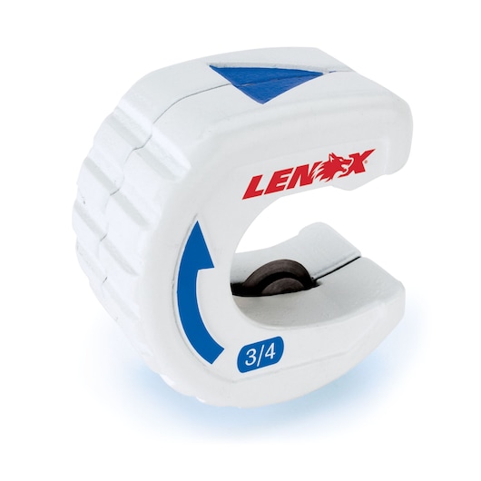 Photo of LENOX 14831TS34 white pipe cutter for 3/4 inch tubing with blue arrow and red logo, front angle on white background.