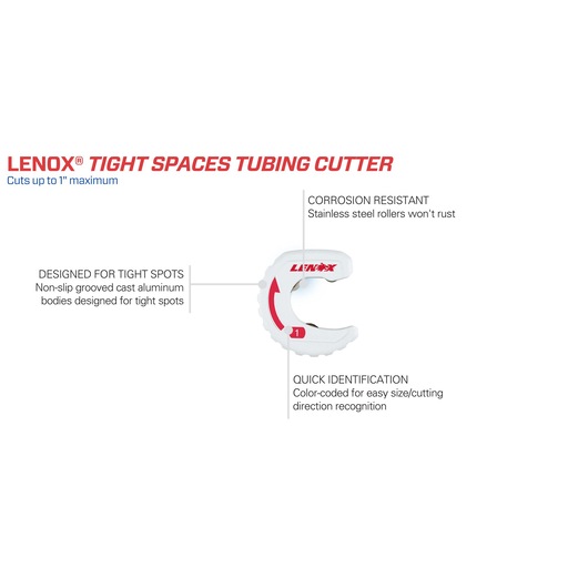 LENOX 14832TS1 tight spaces tubing cutter, white with red logo, corrosion-resistant, designed for small areas.
