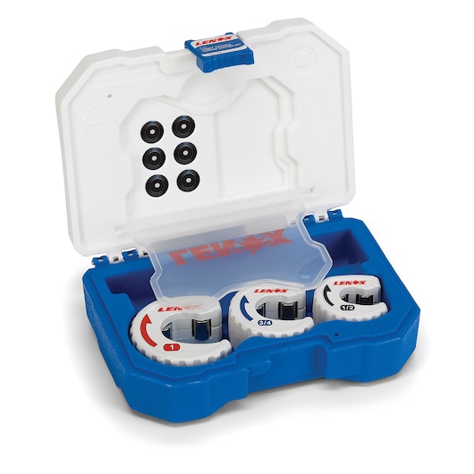 LENOX 14833TSK pipe cutter set with three cutters in a blue and white case, shown from a top angle on white background.