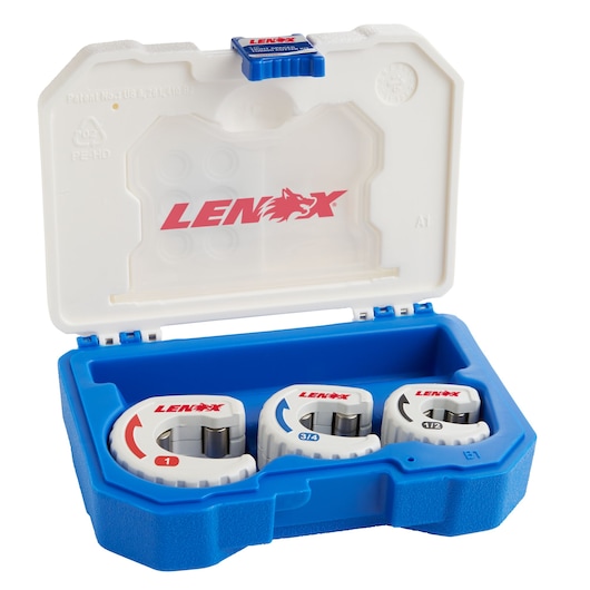 A Lenox-branded blue and white hard plastic case with three pipe cutters inside, each labeled with different sizes (1, 3/4, 1/2). The case is open to display the tools and features the Lenox logo on the lid.