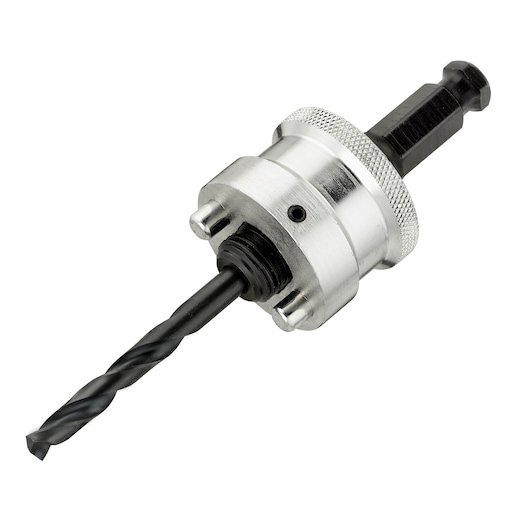LENOX 1768811 metal hole saw arbor with pilot drill bit, angled on white background.