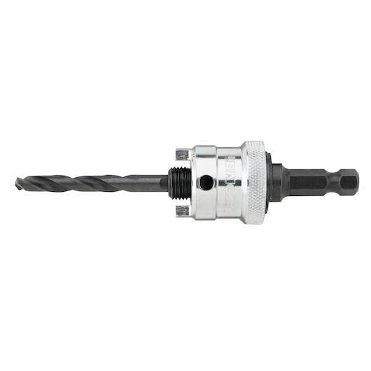 LENOX hole saw arbor 1768812, metallic finish, photography on white background, side angle.
