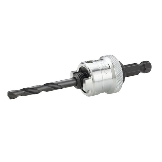 LENOX 1768812 hole saw arbor with pilot drill bit, silver and black, side angle on white background.
