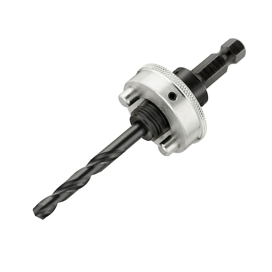 LENOX 1768813 hole saw arbor with pilot drill bit, silver and black, angled on white background.