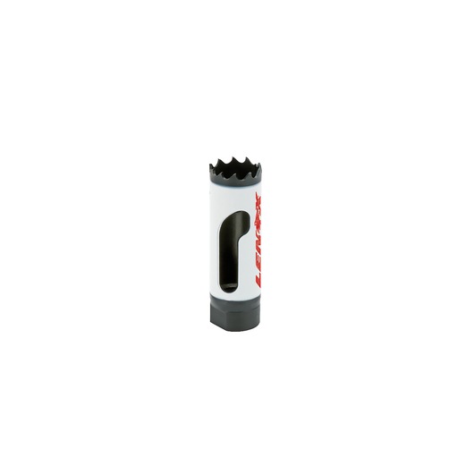 Photo of LENOX 1771952 hole saw with white body, sharp teeth, and side window, front angle on white background.