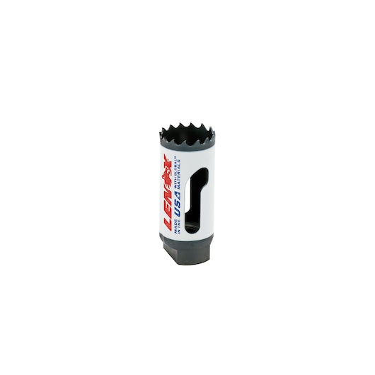 Photo of LENOX hole saw, SKU 1771953, white with black base and jagged edge, photographed from front angle on white background.