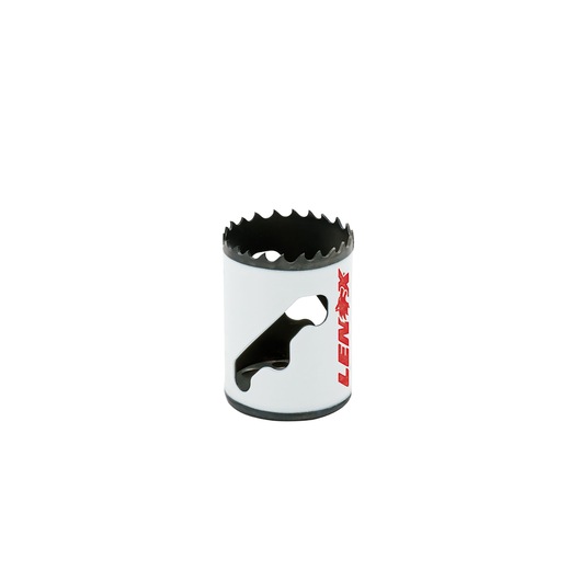 LENOX 1771963 hole saw with white body, sharp teeth, side openings, front angle on white background.