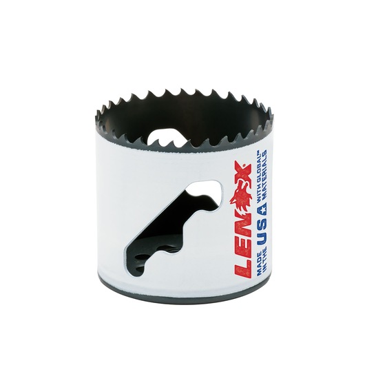 LENOX 1771983 hole saw photography, cylindrical metal blade with sharp teeth and side openings, front angle.