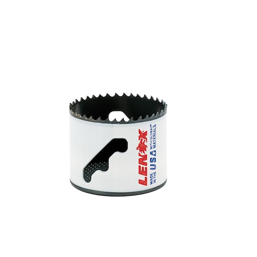 LENOX 1771987 hole saw with white body, sharp serrated edge, and LENOX branding, front angle on white background.