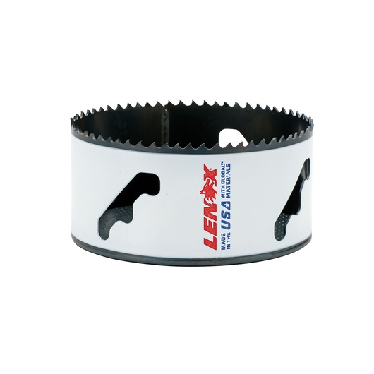 LENOX 1772018 bi-metal hole saw, white with sharp teeth, front angle on white background.