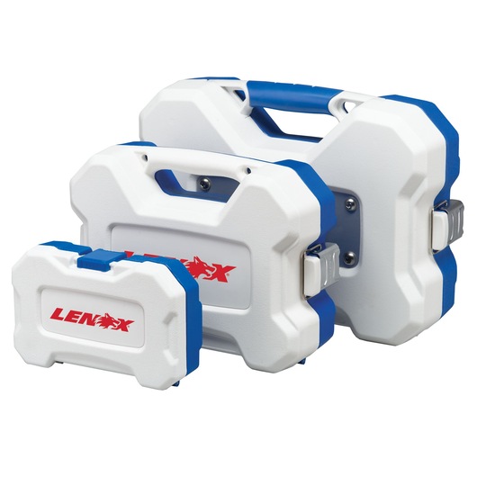 Three LENOX branded hard plastic carrying cases in white with blue accents, shown in ascending size order. The cases feature sturdy handles and secure latches.