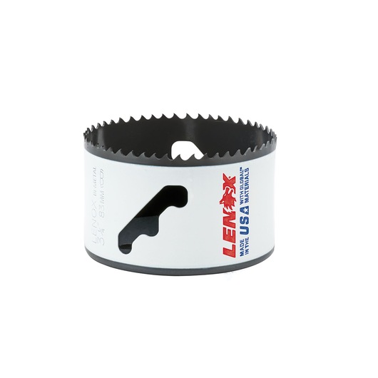 Photo of LENOX 1772023 bi-metal hole saw, white with black interior, sharp teeth, product photography, front angle.