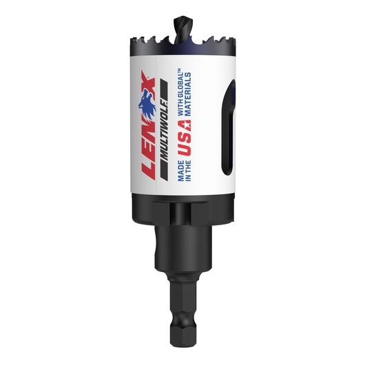 A Lenox branded hole saw with a white and black body and a drill bit in the center. The product has the words 'Lenox Multiwolf' and 'Made in the USA with global materials' printed on its side.