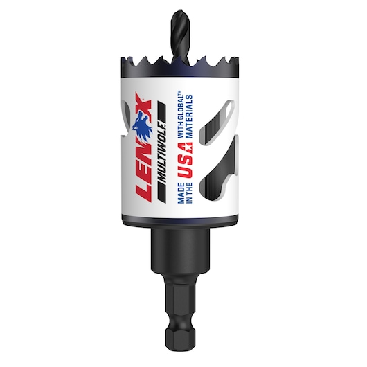 A Lenox Multiwolve hole saw with a black drill bit and hex shank, featuring a white cylindrical body with red, blue, and black branding that reads 'Lenox Multiwolve Made in the USA with Global Materials.'