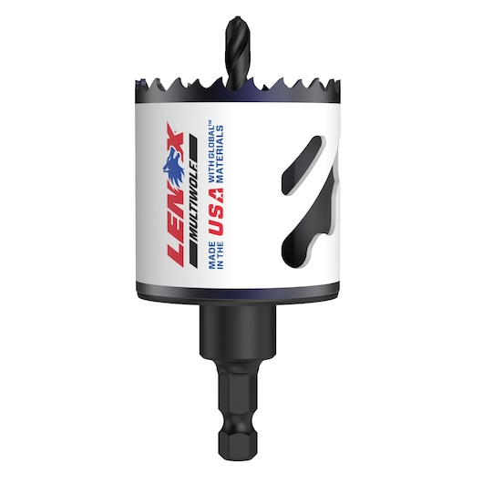 A Lenox Multiwolf hole saw drill bit with a hex shank and a white body featuring the brand logo and text stating 'Made in the USA with global materials.'
