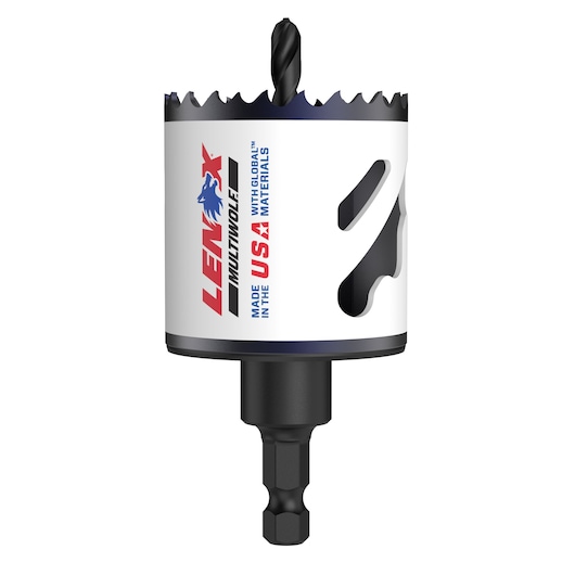 A close-up image of a Lenox Multiwolf hole saw drill bit with a hex shaft. The drill bit is primarily white with black and red branding and text that reads 'Lenox Multiwolf' and 'Made in the USA with global materials.'
