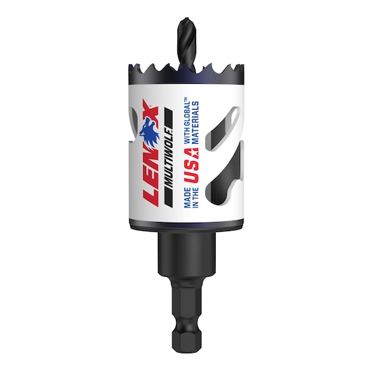 Close-up image of a Lenox hole saw, featuring a white and black body with the Lenox logo and text indicating it is made in the USA with global materials. The saw has a jagged cutting edge and a drill bit in the center.