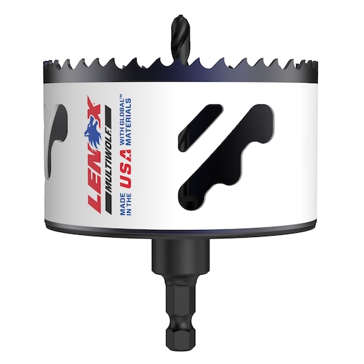 A Lenox MultiWolfe branded hole saw with jagged cutting teeth, a central drill bit, and a hex shank. The tool has a white body with product branding and 'Made in the USA with global materials' text.