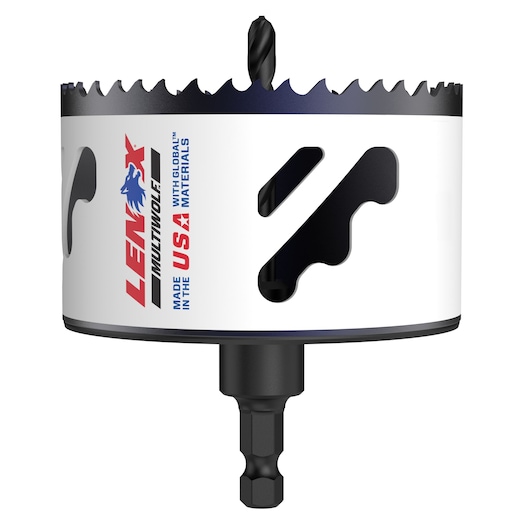 Close-up image of a Lenox hole saw drill bit with a white body, black saw teeth edge, and a hexagonal shank. The Lenox logo and text, including 'MADE IN THE USA WITH GLOBAL MATERIALS,' are visible on the tool's side.