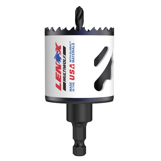 A close-up of a LENOX Multiwolf hole saw drill bit with a white cylindrical body, jagged cutting edge, and a black drill bit in the center, labeled 'Made in the USA with global materials.'