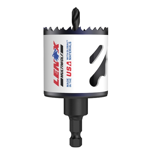 A LENOX Multiwolf hole saw with a drill bit attached, featuring a white body with branding and text indicating it is made in the USA with global materials.