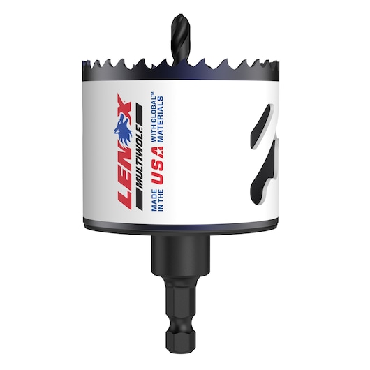 A Lenox branded hole saw drill bit with jagged cutting teeth, featuring printed text that reads 'Lenox', 'Made in the USA with global materials', and 'MultiWolf'. The drill bit is black with a white exterior and has a hex shank attachment.