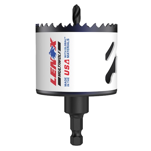 A Lenox branded hole saw drill bit with a white body, jagged cutting edge, and a black shank. The tool features the text 'Made in the USA with global materials' and is designed for cutting holes in various materials.