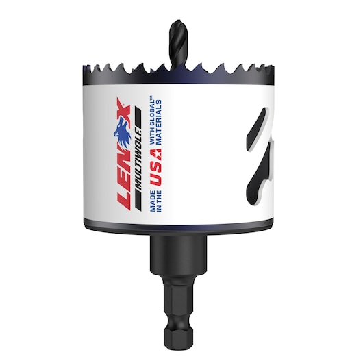 A Lenox Multiwolf hole saw with a drill bit, featuring a white and black body with the Lenox logo, and text stating 'Made in the USA with global materials'.