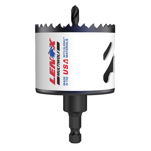 A Lenox Multiwolf hole saw with a drill bit, featuring a white and black cylindrical body, serrated cutting edge, and branding that states 'Made in the USA with global materials.'