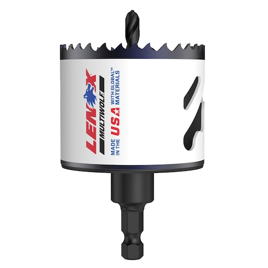 A Lenox Multiwolf hole saw with a hex shank and an arbor bit. The product is white with black and blue accents, featuring the Lenox logo and the text 'MADE IN THE USA WITH GLOBAL MATERIALS' printed on the side.