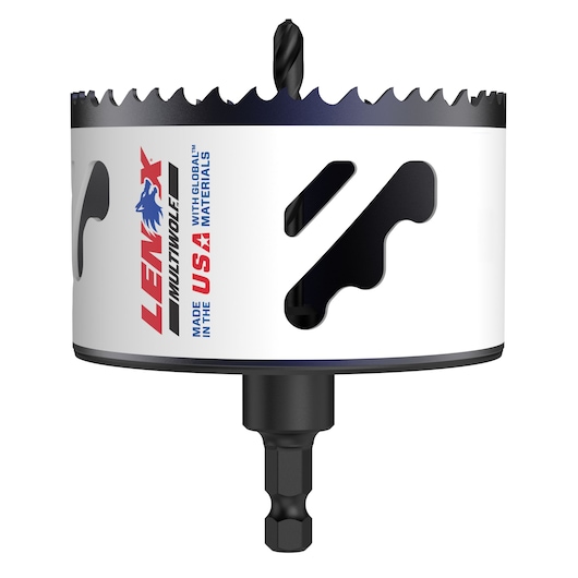 A close-up image of a Lenox hole saw tool, featuring a white cylindrical body with sharp teeth at the top and a drill bit in the center. The tool is labeled with 'Lenox' and 'Made in the USA with global materials' on the side.