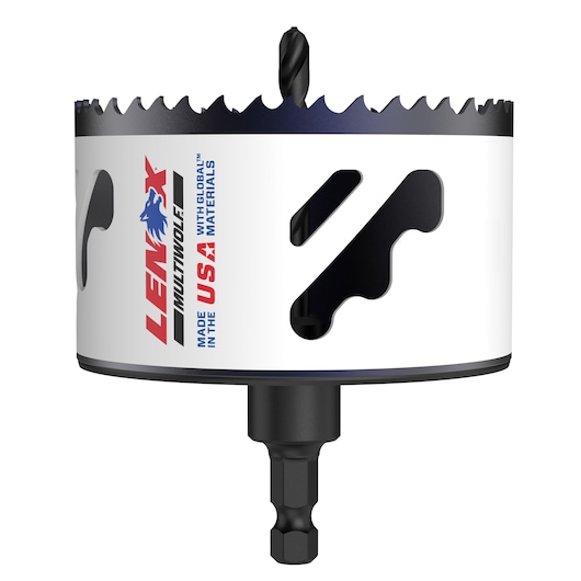 LENOX 1773001 hole saw with wolf logo, white body, black carbide teeth, front angle on white background.