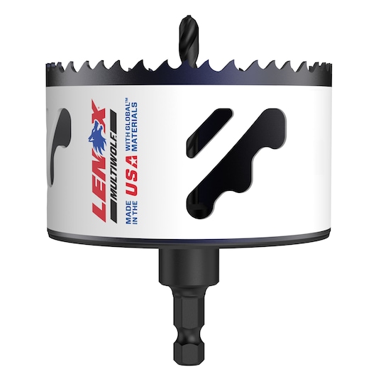 LENOX 1773002 hole saw with white body, black teeth, and blue logo, front angle on white background.