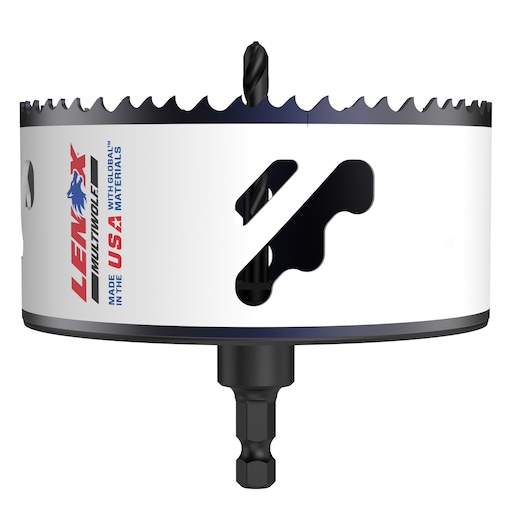 LENOX hole saw 1773004 with white body, sharp teeth, and hex shank, front angle, product branding visible.