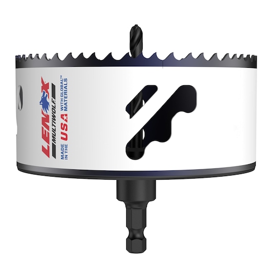 LENOX hole saw with white body, sharp teeth, and drill bit, SKU 1773005, front angle, photo on white background.