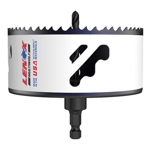Photo of LENOX hole saw with MULTIWOLF branding, SKU 1773006, white body, hex shank, and sharp cutting teeth, front angle.