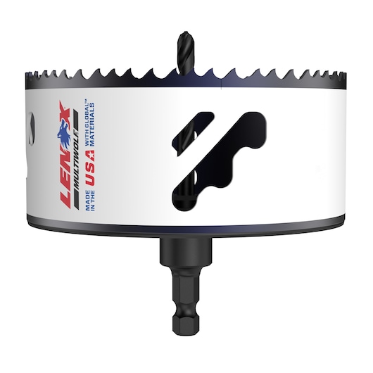 LENOX hole saw 1773008 with white body, sharp teeth, and black arbor, side angle on white background.