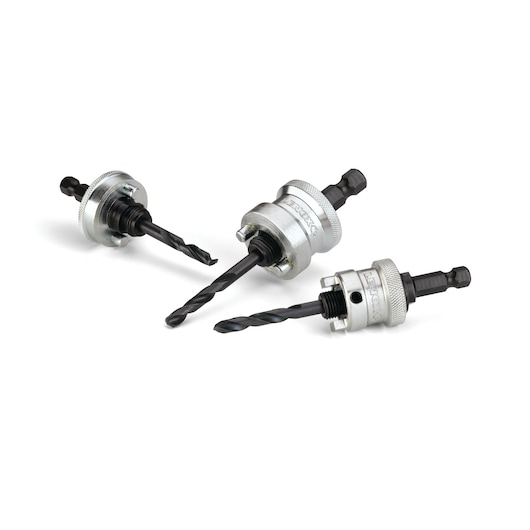LENOX 1779670 metal hole saw arbors set, three silver and black drill accessories on white background, side view.