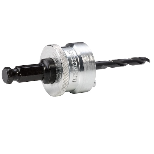 LENOX 1779772 metal hole saw arbor with pilot drill bit, side angle on white background.