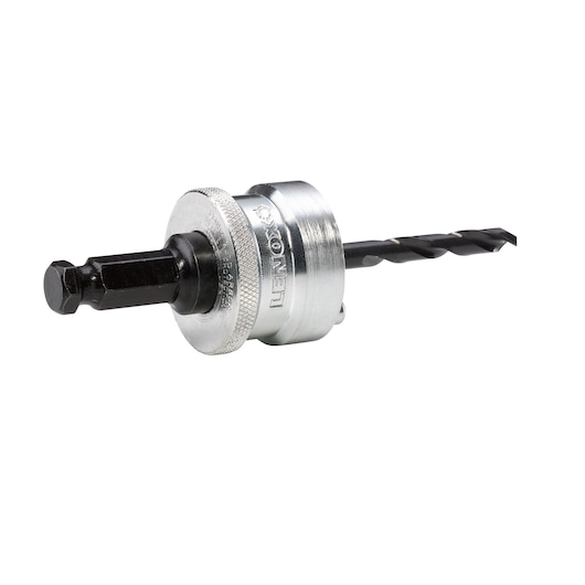 LENOX 1779772 metal hole saw arbor with drill bit, side angle, on white background
