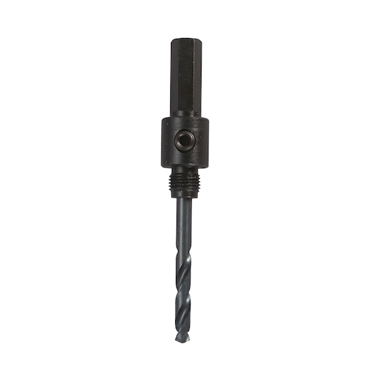 LENOX 1779774 black metal hole saw arbor with pilot drill bit, front angle on white background.