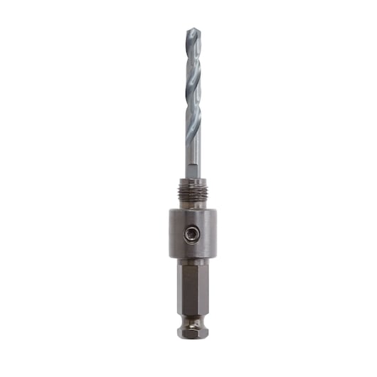 LENOX 1779774 hole saw arbour with pilot drill bit, silver metal, straight-on angle, white background.