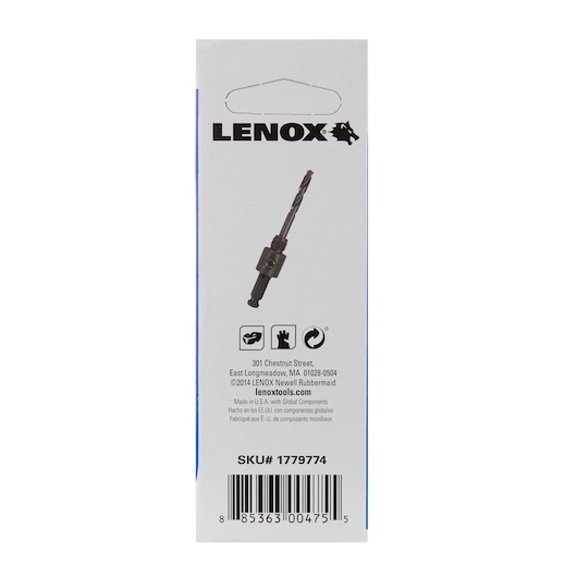 Photo of LENOX hole saw arbor packaging, SKU 1779774, shown from the back with product image and branding.