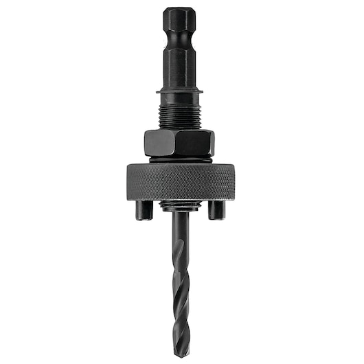 LENOX 1779801 hole saw arbor with pilot drill bit, black, front view on white background.